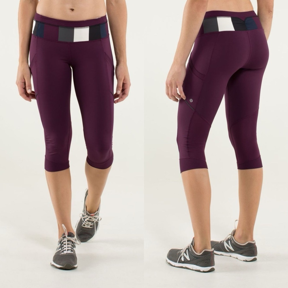 Lululemon Run For Fun Crop Purple Plum Pow Stripe Angel Wing Legging Tight EUC 6